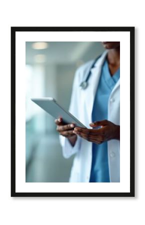 Close-up of female doctor in white coat, stethoscope using digital tablet. Medical pro in modern hospital setting, health tech. Healthcare concept in modern medicine. Doctor uses touchscreen device.