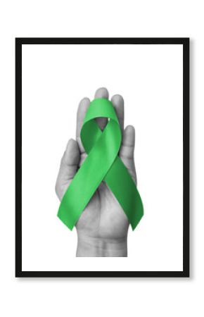 Green ribbon for gallbladder and bile duct cancer awareness month in February, bipolar disorder, mental health illness with kelly green bow isolated on white background with clipping path