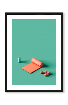 water bottle, fitness mat, dumbbells. fitness concept. 