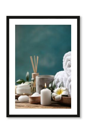 Beautiful spa composition with plumeria flower on wooden table. Space for text