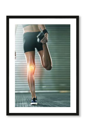 Woman, stretching legs and knee injury in gym with joint pain with 3d overlay for wellness training. Fitness expert, x ray hologram for workout, exercise or health for performance with hurt muscle