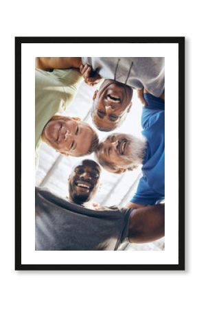 Low angle, portrait or fitness huddle of men in workout gym, training exercise or healthcare wellness in bonding. Happy friends, mature or hug in sports teamwork, collaboration or diversity community