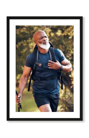 Fitness, hiking and serious with black man in forest for freedom, health and sports training. Exercise, peace and wellness with senior hiker trekking in nature for travel, summer break and adventure