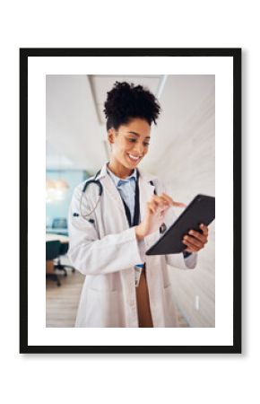 Black woman, tablet and doctor online for medical research, results or healthcare consultation. Hospital worker or person hand to scroll website, search or mobile app or health insurance advice