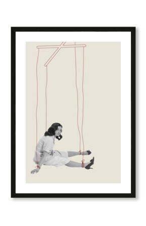 Contemporary art collage. Human manipulation. Young woman sitting in sadness with hands and legs on threads. Marionette. Concept of psychology, inner world, mental health, feelings. Conceptual art