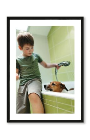 Child washes pet at home.