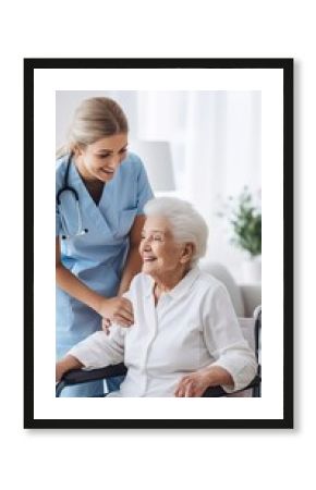 health visitor embraces and supports a senior patient, young woman with a stethoscope at home