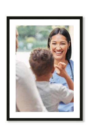 Father, child and nurse for health care in a hospital while happy and talking at consultation. African woman pediatrician, man and kid patient for medical help, family insurance or development check