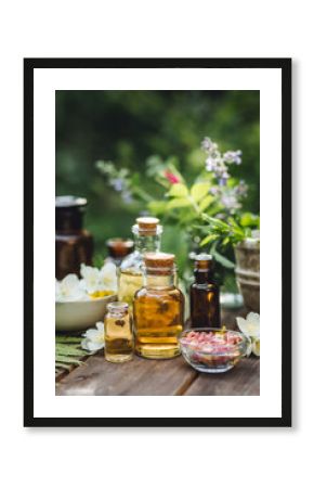 Natural beauty cosmetic skincare homemade products with pure essential oils, herbal extracts. Concept of organic ingredients in cosmetology, dermatology, body care treatment, massage