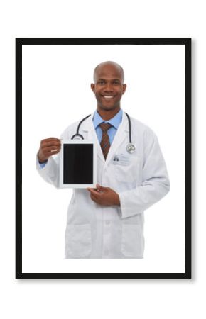 Portrait, healthcare and tablet with a doctor black man isolated on a transparent background. Medical, technology and display with a happy medicine professional on PNG for consulting or telehealth