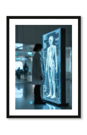 A person standing next to their digital twin, displayed on a large, transparent futuristic screen, with health stats and treatment recommendations visible around the digital figure