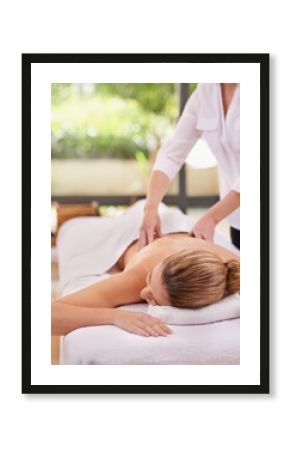Woman, hands and spa with massage therapist for luxury peace or stress relief at zen resort, calm or vacation. Female person, eyes closed and comfortable for healthy skincare, treatment or wellness