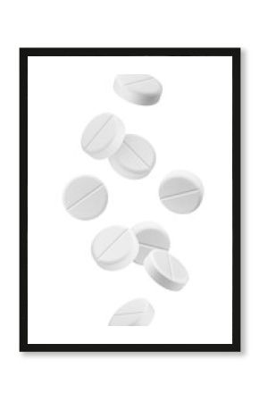 Falling Pills isolated on white background, full depth of field