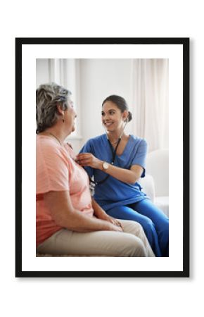 Nurse, woman and stethoscope for senior care, nursing and caregiver with patient for healthcare in living room. Check up, appointment and listen for chest problem, medical employee and wellness help