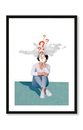 Vertical collage image of minded clueless girl question marks instead face clouds above head isolated on drawing background