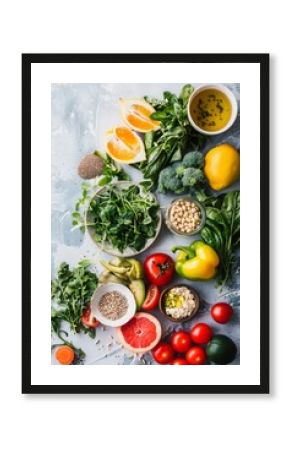 Top view of a vibrant and healthy meal setup with a variety of fruits, vegetables, and superfoods. Ideal for themes of balanced diet and wellness