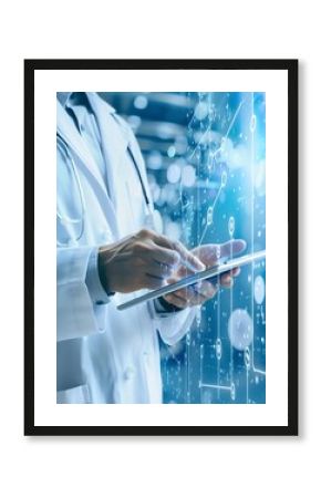 Doctor using tablet with digital interface, representing advanced medical technology and healthcare innovations in modern medicine.