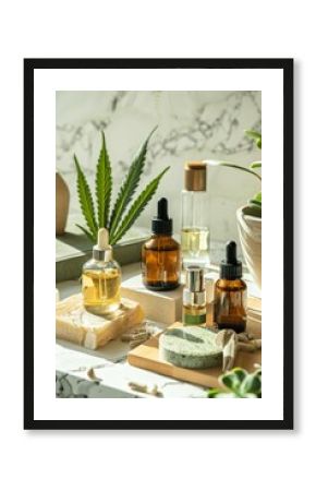 display of CBD oil products - variety of CBD-infused items such as tinctures, capsules, and skincare products, displayed in modern stylish setting