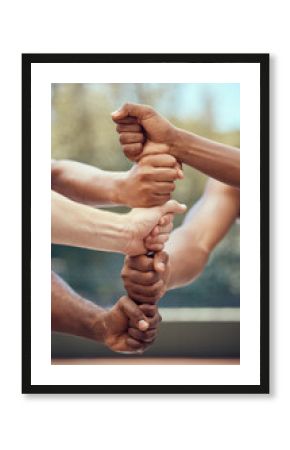 Team diversity hands, support and sports community of men athlete group ready for training. Solidarity, trust and motivation collaboration hand gesture of commitment to teamwork, exercise and workout