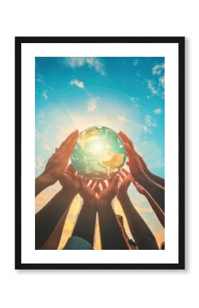 International day of charity. Vertical banner. A lot of hands holding globe against the blue sky. Bokeh effect. Free space for text. Charity, volunteering, help, care concept.