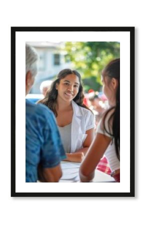 People at a health fair booth, receiving information on diabetes care and obesity prevention, community event, Portrait close-up, hyper-realistic, high detail, photorealistic