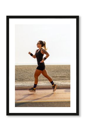 Woman running on the shore of Balneário Camboriú beach