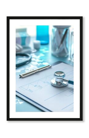 A health care and medical background features a clean, professional setting, with elements such as a stethoscope, medical charts, and a clipboard