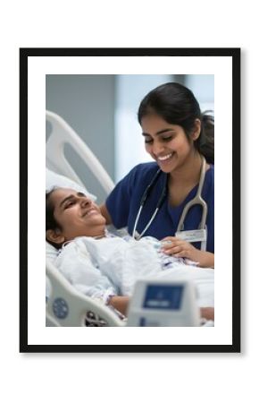 Indian Female Nurse Caring for Patient in Hospital Bed