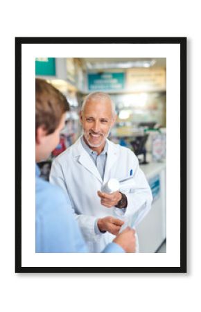 Pharmacy, advice and prescription with people in store for pills, insurance and medicine. Medical, help and antibiotic consulting with pharmacist in clinic for healthcare, drugstore and dispensary