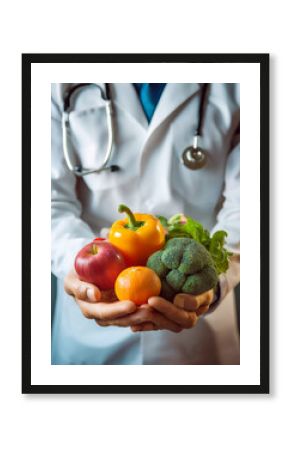 Nutritionist giving consultation to patient with healthy fruit and vegetable, Right nutrition and diet concept 