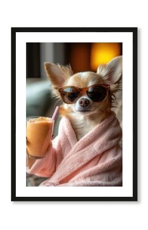 Chihuahua dog at a spa with a bathrobe and sunglasses, sipping a smoothie, wellness day