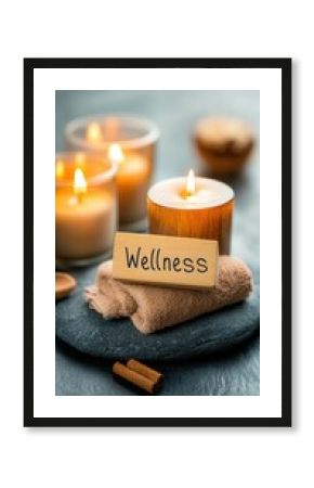 wellness spa concept with supplies says "Wellness" candles, towel, scents