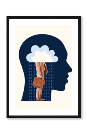 Cloudy thoughts of businessman. Man standing inside head, under cloud with rain, symbolizing mental exhaustion and stress associated with work. Contemporary art. Concept of psychology, mental health