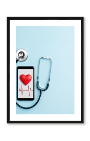 A smartphone displaying a heart symbol and a stethoscope, representing health technology and telemedicine concepts.