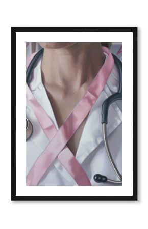 Breast Cancer Awareness: Close-up of Female Doctor with Pink Ribbon and Stethoscope