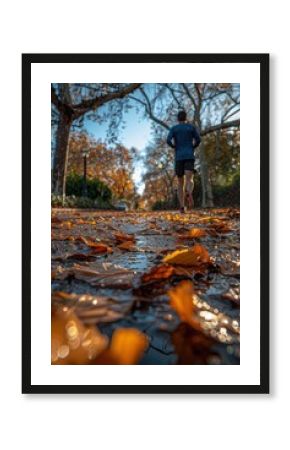 A silhouette of a person jogging through a picturesque city park in autumn with fallen leaves and morning dew on the ground, showcasing a vibrant, seasonal landscape