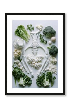 White Skeleton with Vegetables Representing Bone Health
