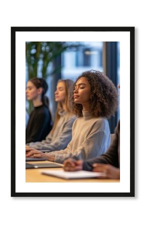 A workplace mindfulness session where employees are guided through breathing exercises to reduce stress during a busy day.