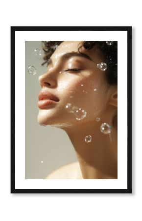 Beautiful beauty woman using hydrating facial serum molecules bubbles flying around as skincare routine.