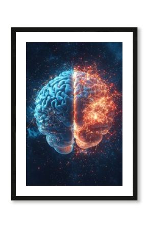 Creativity and logic symbolized by a luminous network within a split human brain.