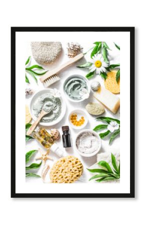 Flat lay beauty skin care ingredients, accessories. Natural beauty products on a light background, top view