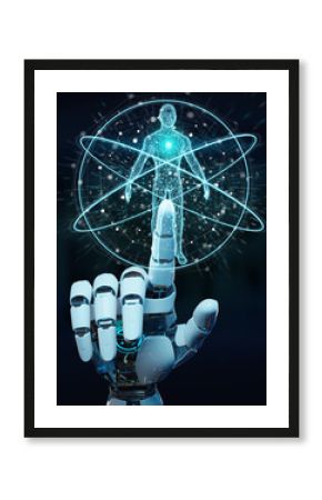 White robot hand scanning human body 3D rendering