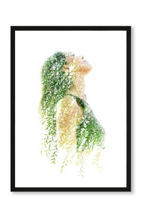 Double exposure profile portrait of a naturally beautiful happy woman and a tree with bright green leaves