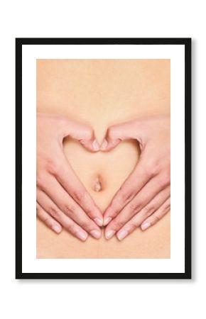 Stomach care healthy gut health probiotics hands in heart shape touching belly button for pregnancy, diet, digestion healthcare concept.