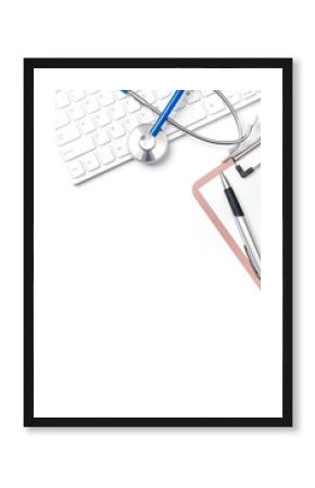 Medical Concept - Stethoscope on computer keyboard on white background. Physician long term care treatment concept. Top view, flat lay, copy space