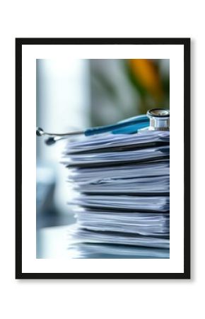 Medical documents and stethoscope.  A large stack of papers, likely patient records, rests on a surface. A stethoscope lies on top of the papers