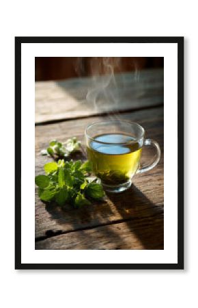 Steaming cup of green tea on rustic wooden table with fresh mint leaves, showcasing tranquility and herbal refreshment, ideal for wellness or healthy lifestyle concepts