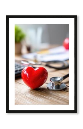 Red heart love shape hand exercise ball with doctor physician's stethoscope on an office desk in a medical: Hospital life insurance concept: World Heart Health Day. World Hypertension Day. MZ
