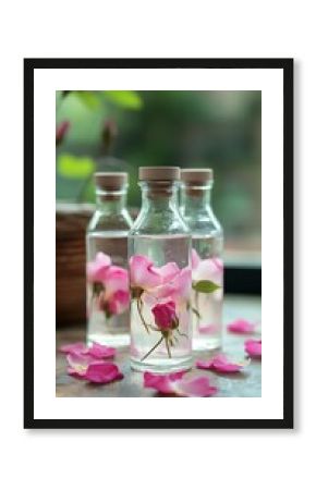 Three Clear Glass Bottles Filled with Water and Fresh Pink Roses on Wooden Surface