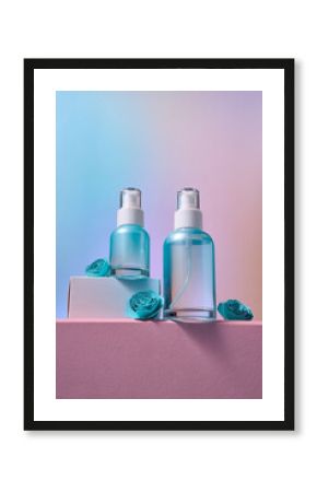 Elegant blue cosmetic bottles showcased with delicate paper roses